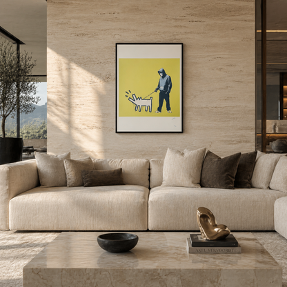 Banksy Ladrando Perro (Amarillo Caqui) Litografía Arcos 300gsm 42x59 cm