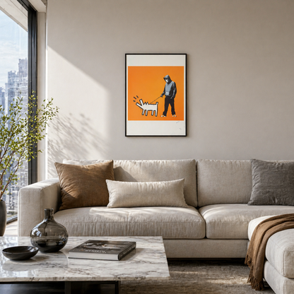 Banksy Ladrando Perro (Naranja) Litografía Arcos 300gsm 42x59 cm