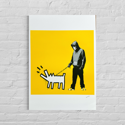 Banksy Barking Dog (Gul) Litografibuer 300gsm 42x59 cm