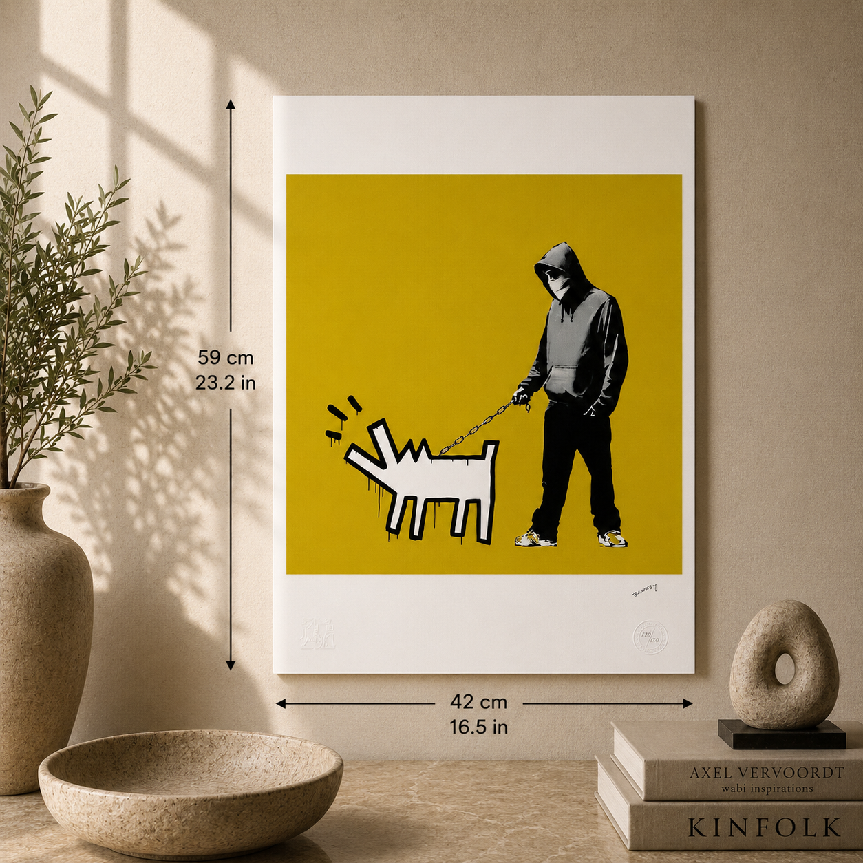 Banksy Ladrando Perro (Amarillo Caqui) Litografía Arcos 300gsm 42x59 cm