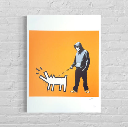 Genummerde editie BANKSY Barking dog (oranje) Gesigneerd - certificaat - Wall Art, Grafitti Art, Lithograph, Stencil Art