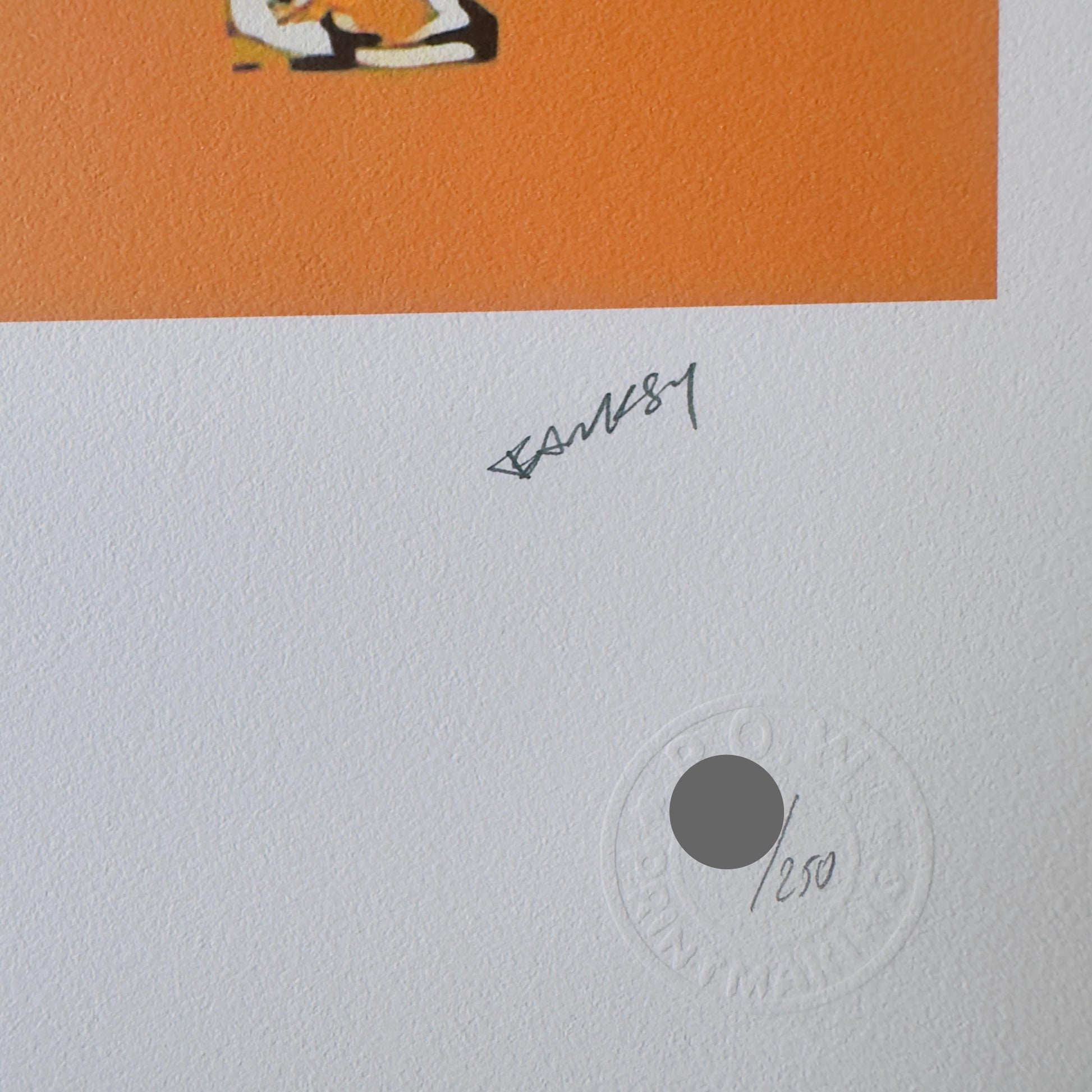 Genummerde editie BANKSY Barking dog (oranje) Gesigneerd - certificaat - Wall Art, Grafitti Art, Lithograph, Stencil Art