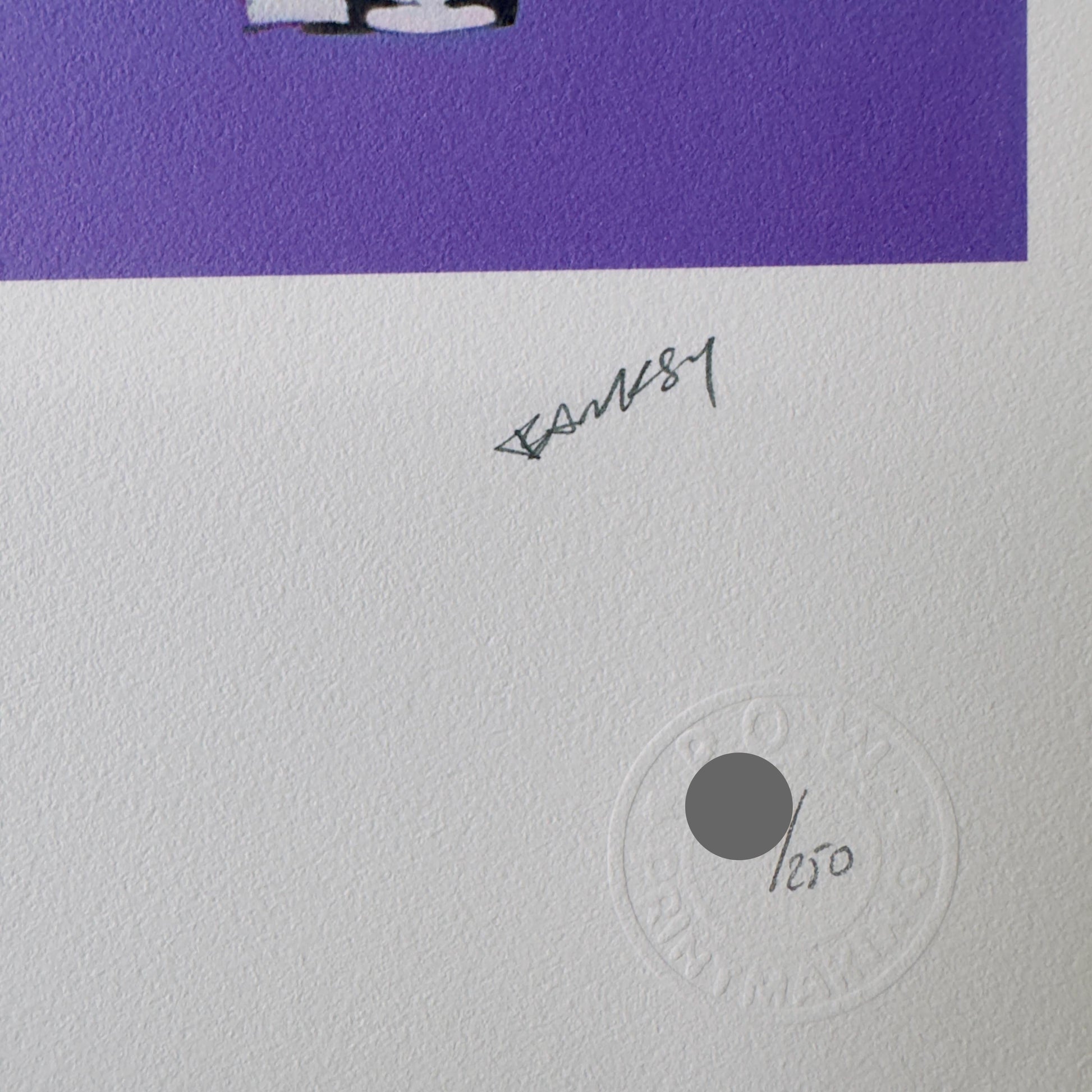 Genummerde editie BANKSY Barking dog (paars) Gesigneerd - certificaat - Wall Art, Grafitti Art, Lithograph, Stencil Art
