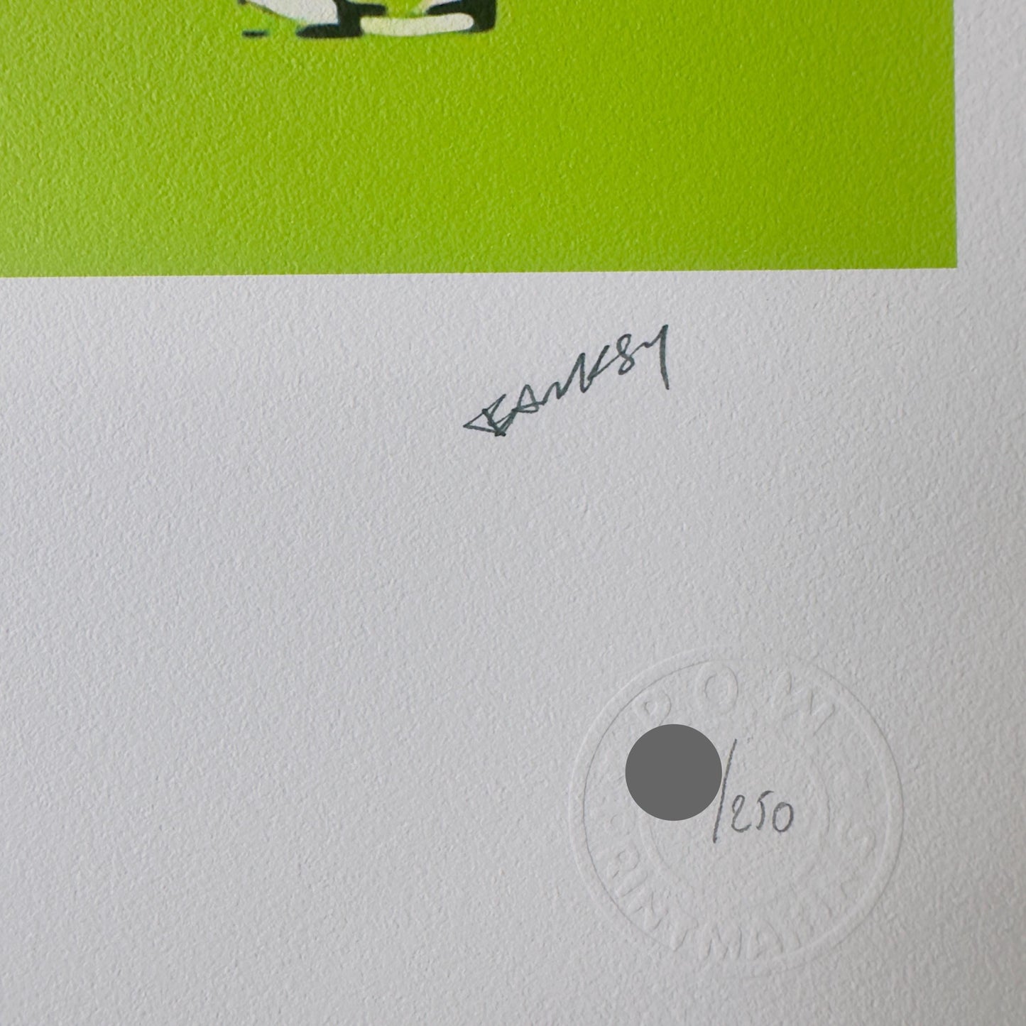Genummerde editie BANKSY Barking dog (lichtgroen) Gesigneerd - certificaat - Wall Art, Grafitti Art, Lithograph, Stencil Art