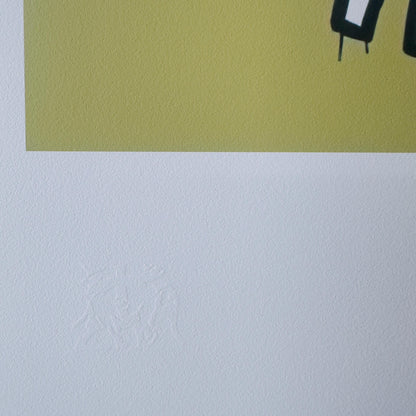 Genummerde editie BANKSY Barking dog (kaki geel) Gesigneerd - certificaat - Wall Art, Grafitti Art, Lithograph, Stencil Art