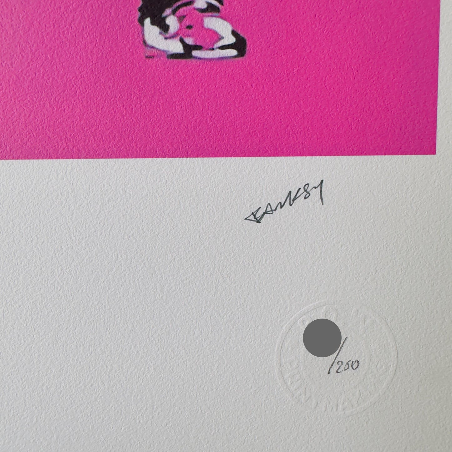 Genummerde editie BANKSY Barking dog (lichtpaars) Gesigneerd - certificaat - Wall Art, Grafitti Art, Lithograph, Stencil Art